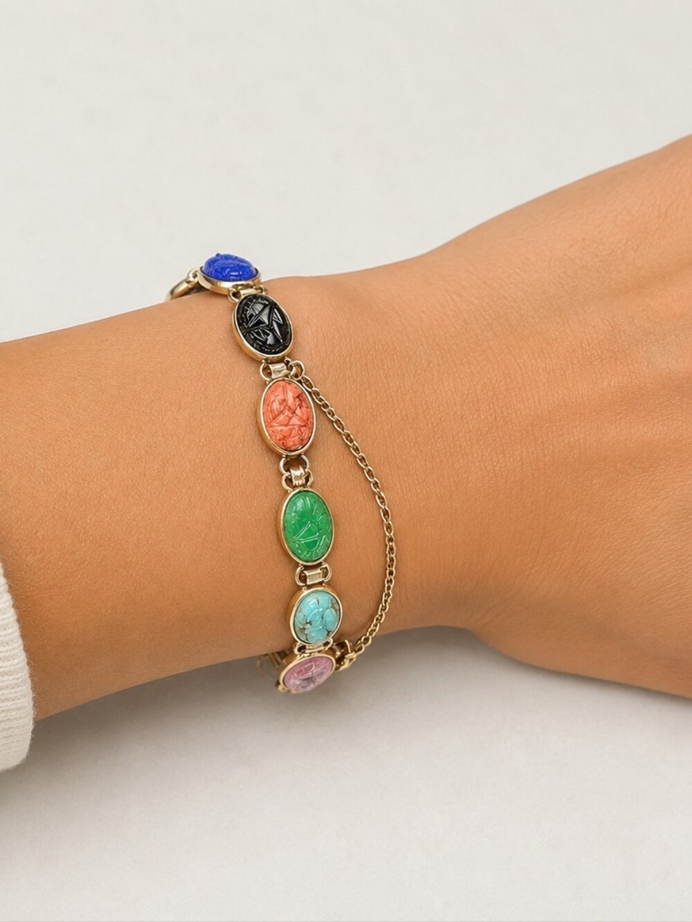 VTG Coro Signed Egyptian Revival Multi-Stone Scarab Link Bracelet